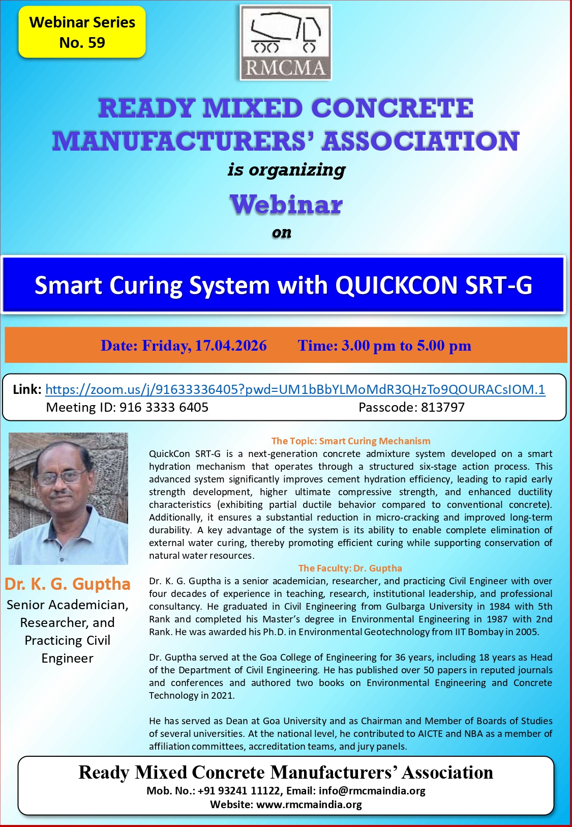 Webinar on 17.04.2026 (Friday) from 03.00 pm to 05.00 pm on very important topic “Smart Curing System with QUICKCON SRT-
